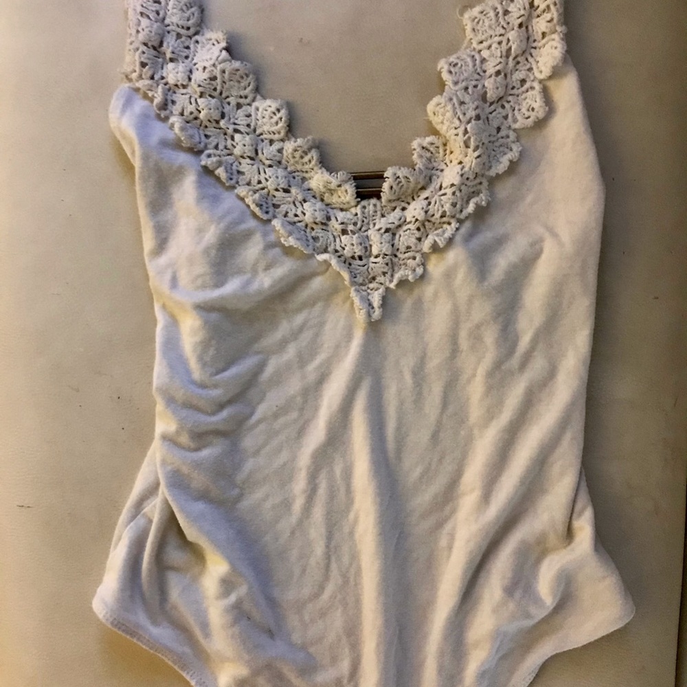 Lace Front White Body Suit with Gold Bar Accent